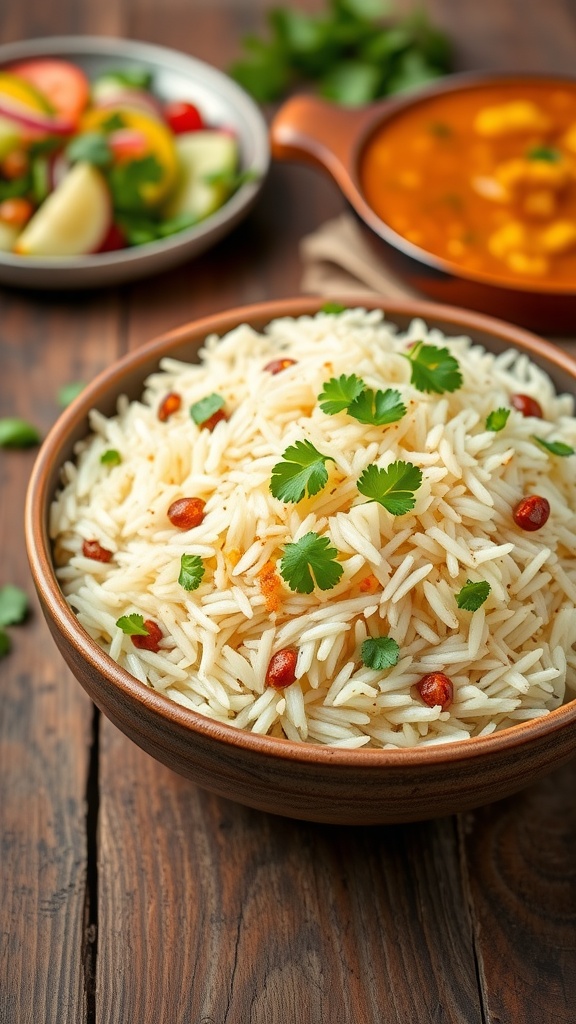 Flavorful 1121 Basmati Rice Pilaf Recipe A bowl of basmati rice pilaf garnished with cilantro, served with curry and salad on a rustic table.